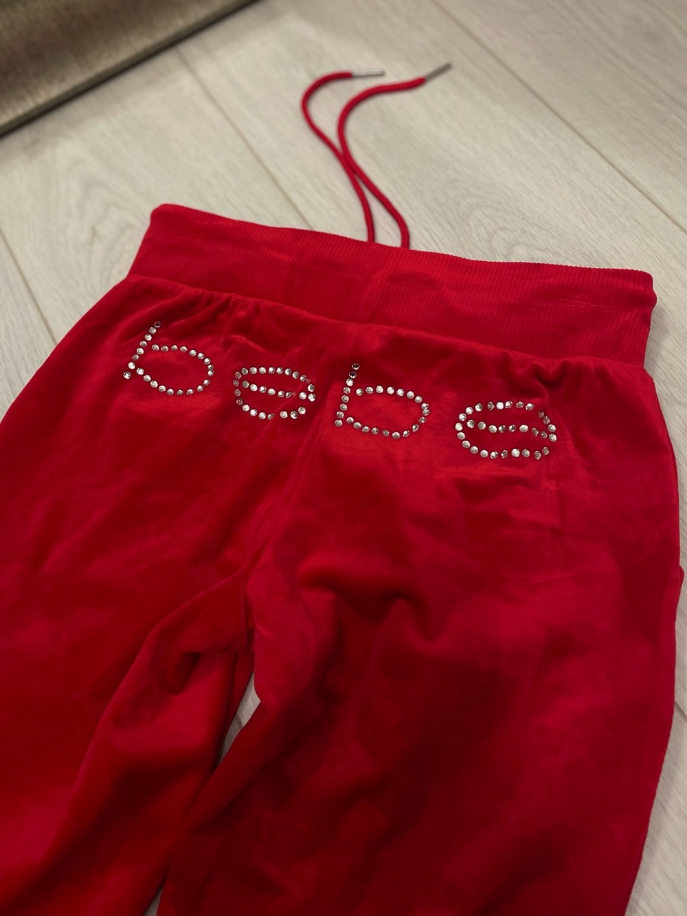 Y2k Bebe Red Velour Flared Pants with Rhinestone Logo